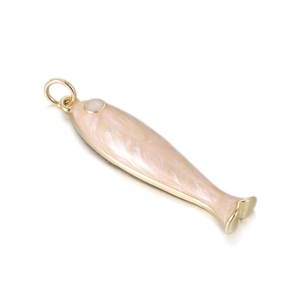 Detailed macro view of a golden fish pendant with pink pearlescent enamel finish