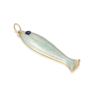 Detailed view of fish pendant with light blue enamel and golden polished metal finish