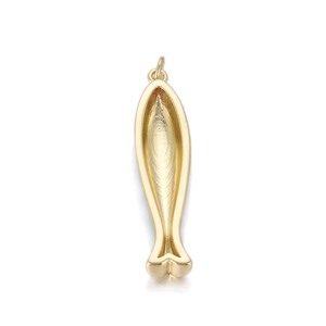 Detailed close-up of a hollow golden fish pendant with a polished finish for DIY jewelry