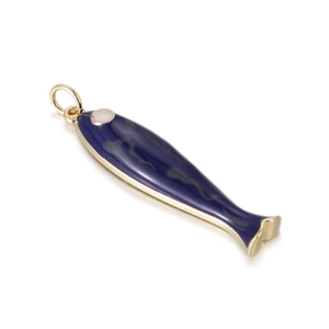 Detail of a deep blue enamel fish pendant with golden metal frame and a small pearl eye