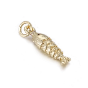 Detailed view of articulated golden fish pendant with intricate scales and ring connector