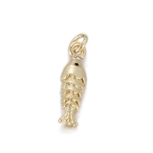 Detailed close-up of golden fish pendant with scale textures and top circular hanging ring