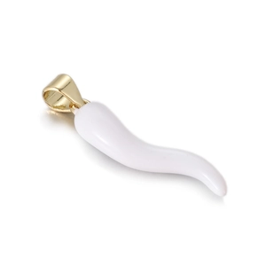 Macro view of white enamel Italian horn charm with polished gold plated bail ring