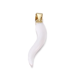 Macro shot of white enamel Italian cornicello horn pendant with a gold metallic clasp