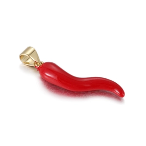 Close-up of a red enamel chili pepper pendant with a golden clasp for DIY jewelry