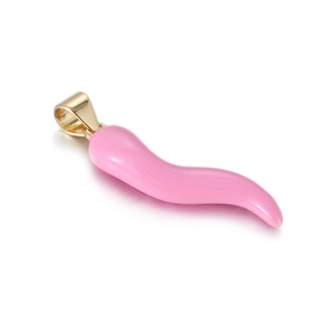 Macro shot of pink enamel chili horn charm with gold bail on a white reflective base