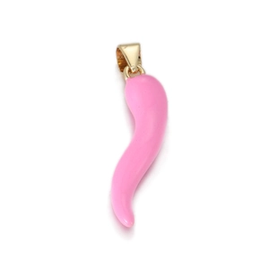 Macro detail of a pink chili-shaped pendant with enamel finish and golden metal clasp