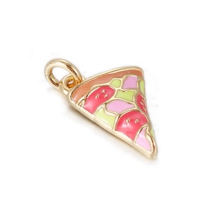 Macro view of colorful enamel pizza pendant with gold metal base and secure ring loop