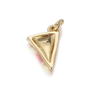 Detailed close-up of a golden triangle pendant with polished finish and red enamel edge