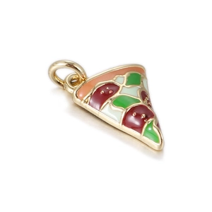 Macro detail showing colorful enamel pizza slice charm with golden metal outline