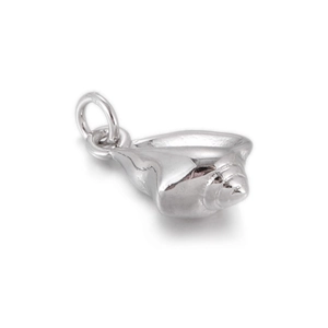 Detailed macro view of a silver seashell charm with polished metallic spiral texture