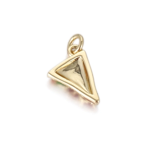 Close-up of golden triangular jewelry pendant with colorful enamel accents on white background