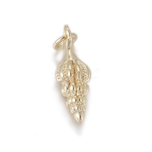 Macro detail of a golden conch shell pendant charm with realistic textured spiral grooves