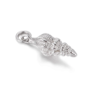 Macro detail of silver seashell charm pendant with spiral texture and top ring loop