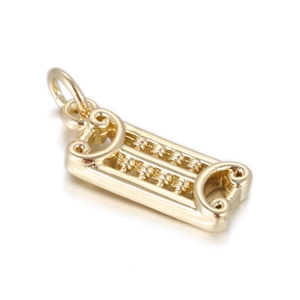 Polished gold abacus pendant with detailed beads and scrollwork texture detail