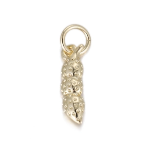 Detailed close-up of a peanut-shaped gold metal pendant with a textured grainy surface finish