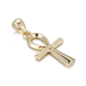 Detailed macro view of 14k gold plated Ankh cross pendant with high mirror polish finish