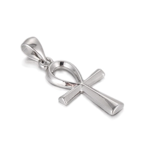 Polished silver Ankh cross pendant macro view showing shiny metallic surface details