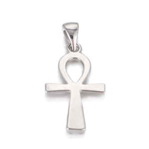 Polished silver Ankh cross pendant with bail connector on a white background
