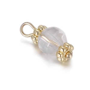 Detail of faceted clear natural stone pendant with gold-tone floral caps and bail