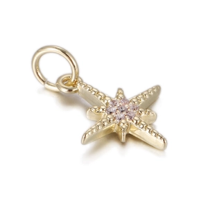 Macro detail of gold-plated octagonal star pendant with pink cubic zirconia stones