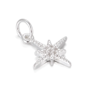 Macro detail of silver octagonal North Star pendant with pavé cubic zirconia setting