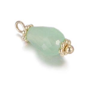 Close-up of a faceted light green natural stone teardrop pendant with gold metal caps