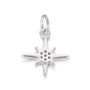 Macro detail of silver North Star cross pendant with textured metal and zircon setting