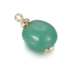 Close-up of green natural stone oval pendant with gold clasp on white background