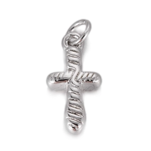 Detail view of a silver religious cross pendant with vintage rope texture and hanging loop