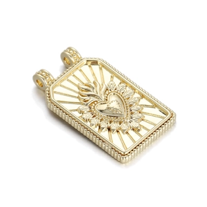 Matte gold rectangle necklace pendant with heart relief and radial flame engraving