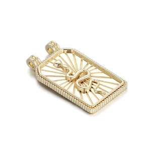 Detail of 14K gold plated rectangular pendant featuring snake and sunburst engraving