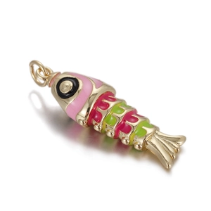 Detailed close-up of a colorful enamel fish pendant with a gold metal finish