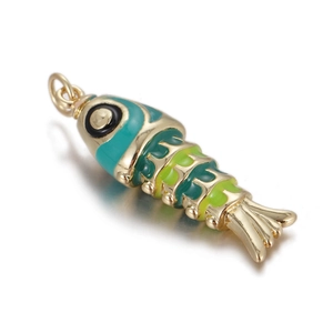 Detailed macro view of colorful enamel koi fish charm with gold plating and blue scales