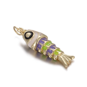 Detailed close-up of a colorful enamel koi fish pendant with gold-plated jointed body