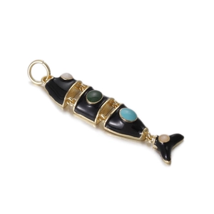 Articulated koi fish pendant featuring black enamel and colorful gemstone inlays on a golden frame