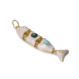 Articulated koi fish pendant in gold with beige enamel and green gemstone details