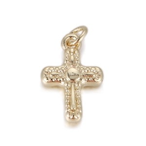 Polished 14k gold plated cross pendant with intricate relief textures and central bead