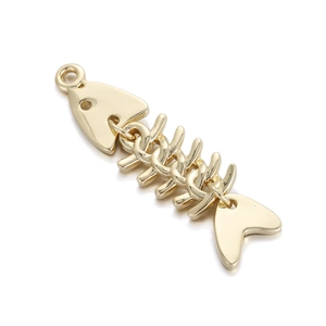 Polished gold-plated copper fishbone pendant showing detailed flexible joint design