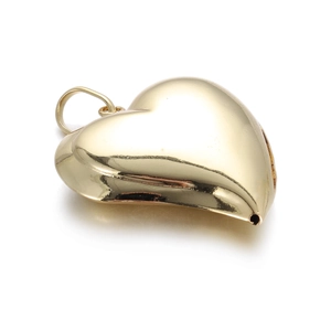 Polished 14k gold heart-shaped charm with top bail and bottom ring for jewelry making