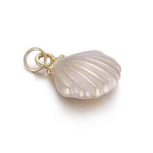 Macro shot of seashell charm with pearlescent coating and gold-plated rib details