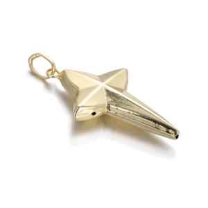 Close-up of a 14k gold-plated star cross charm with polished mirror finish for DIY jewelry