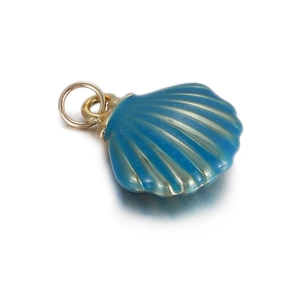Detailed view of mini blue shell pendant with golden loop and enamel texture