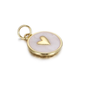 Detailed macro view of a gold heart charm with light purple enamel for DIY jewelry making