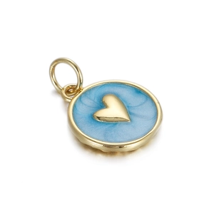 Macro shot of sky blue enamel round pendant with a golden 3D heart and top ring