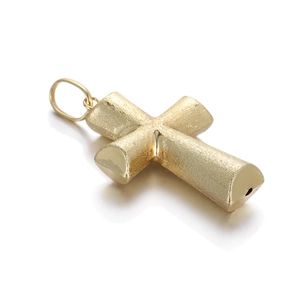 Detail of 14k gold-plated cross charm with brushed matte texture for DIY jewelry making