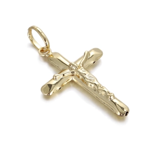Detailed close-up of a 14k gold plated copper crucifix cross charm with polished finish