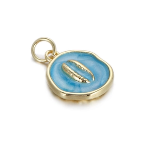 Detailed view of a gold shell pendant with sky blue enamel finish and metallic sea shell