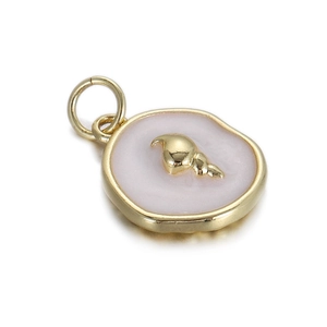 Detail view of a pink enamel conch shell charm with a polished gold finish metal frame