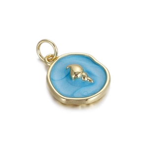Detailed close-up of a blue enamel sea shell pendant with gold plating and wave texture